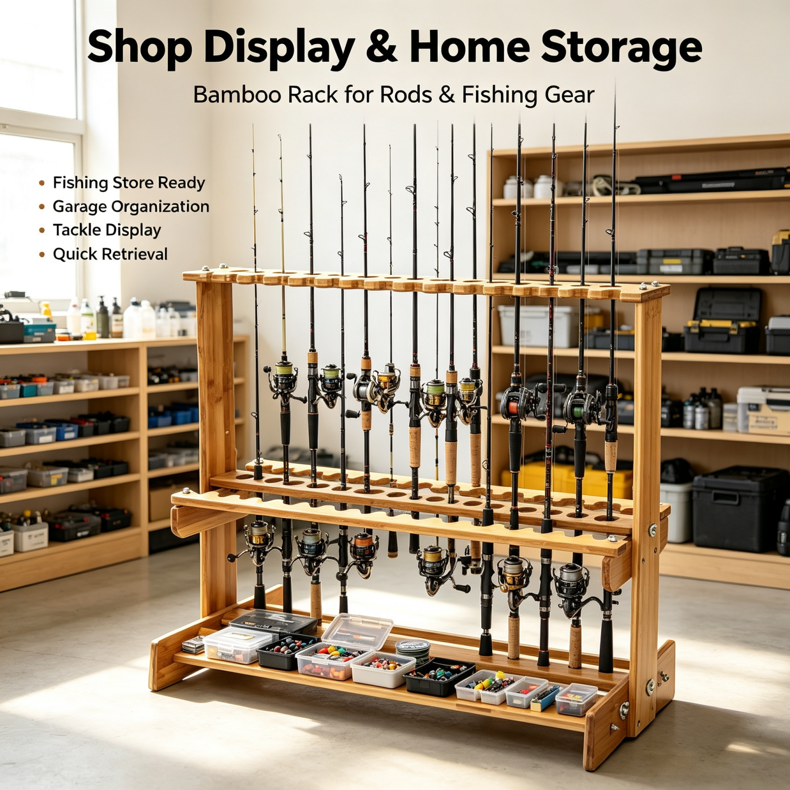 Fishing Rod Rack - Vertical Bamboo Fishing Rod Display Stand