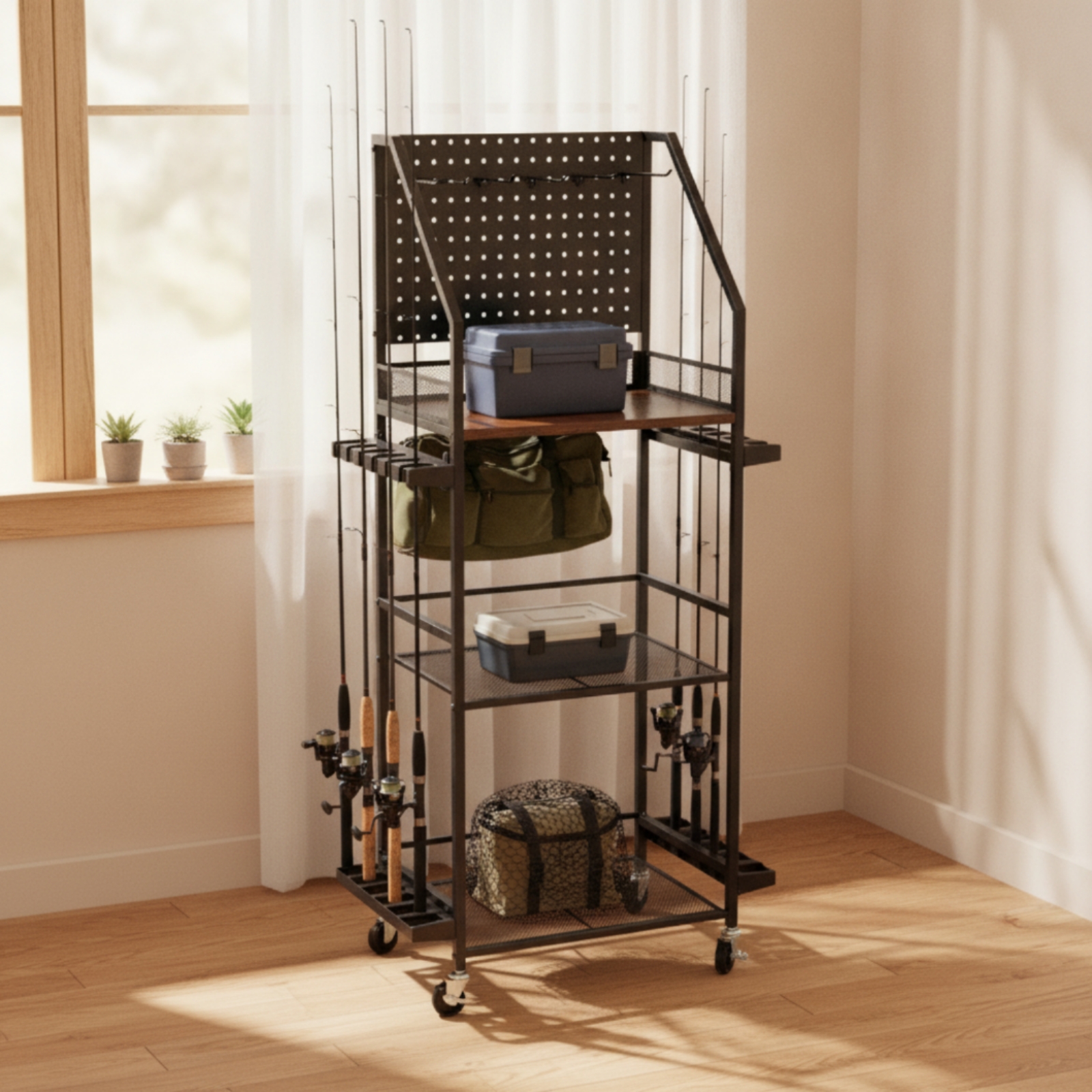 Fishing Rod Rack - Fishing Rod Rack with Pegboard Rolling